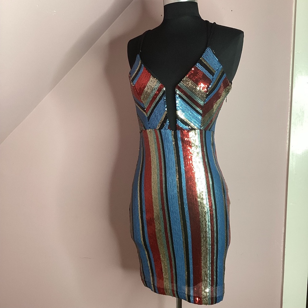 Fashion Nova Blue Brown Asymmetrical Sequin Mini Dress